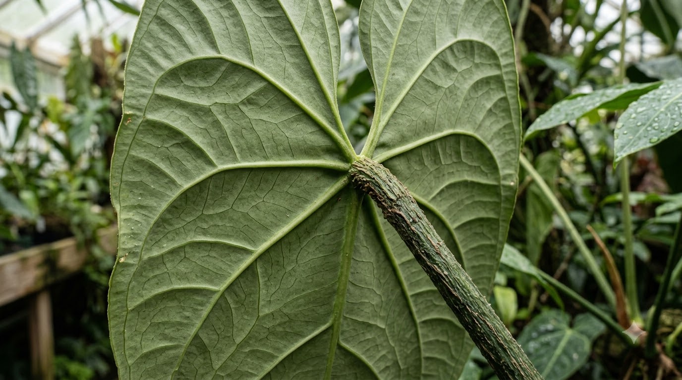 Underside of a large Anthurium abajoense leaf, showing prominent veins and textured stem.