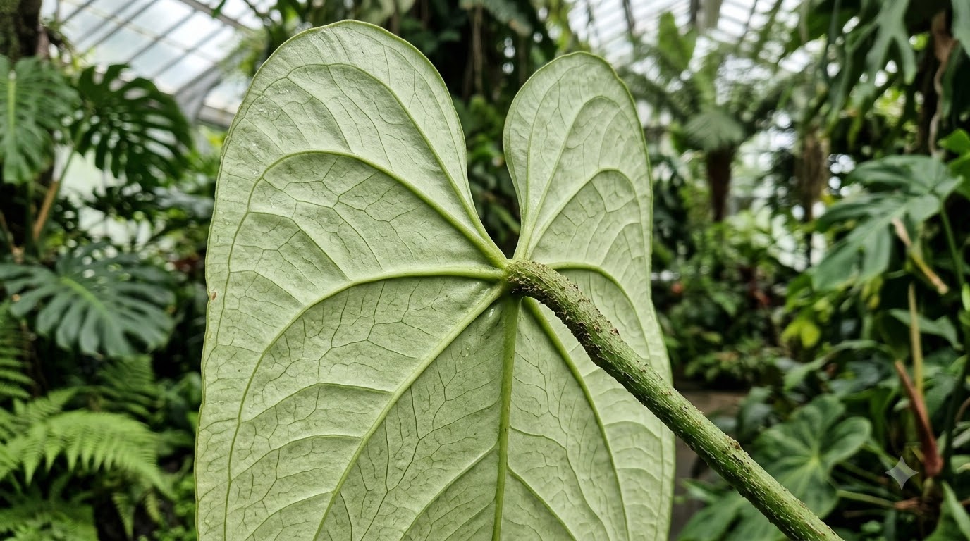 Underside of a large heart-shaped Anthurium abajoense leaf, showing prominent veins and a textured stem in a greenhouse.