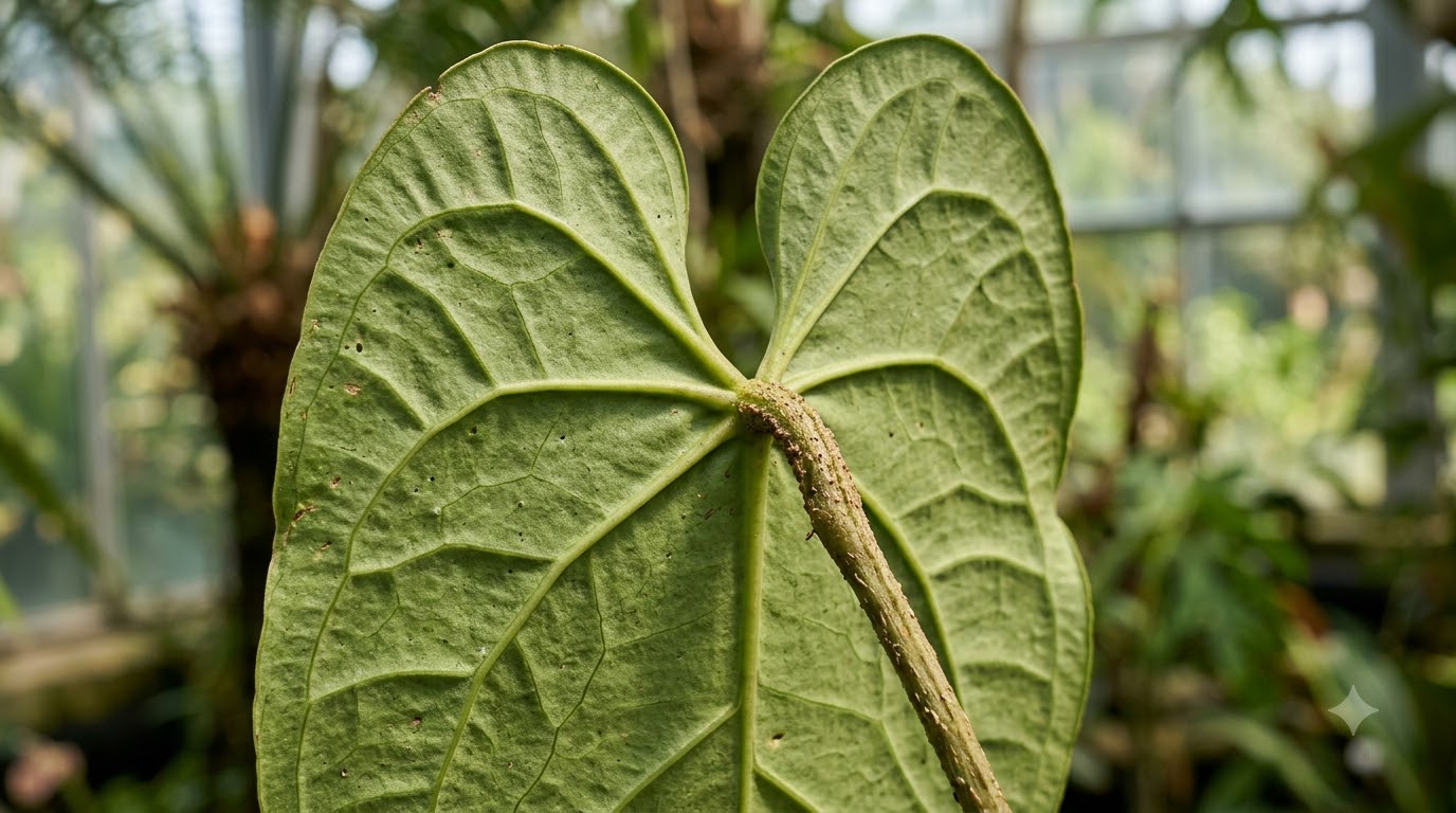 Underside of a large green Anthurium abajoense leaf, highlighting textured veins and stem.