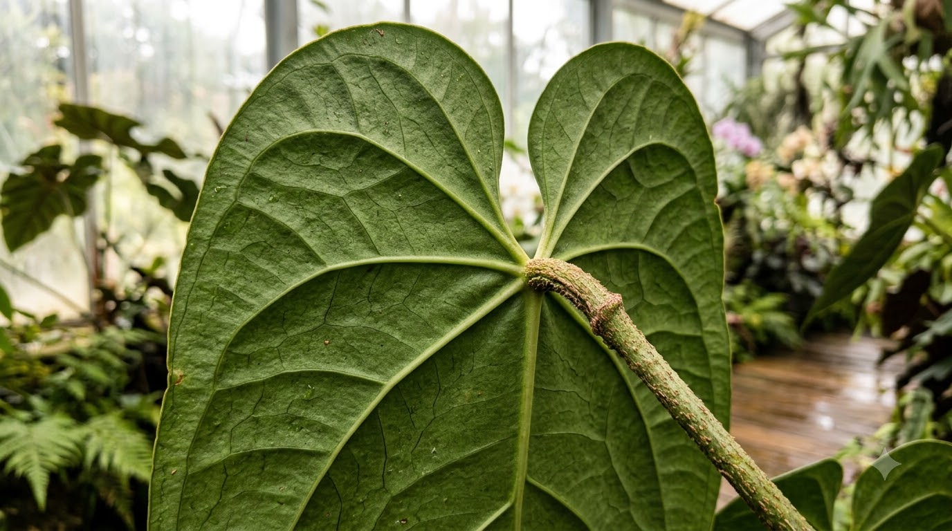 Close-up of the underside of a large Anthurium abajoense leaf, showing prominent veins and stem in a greenhouse.