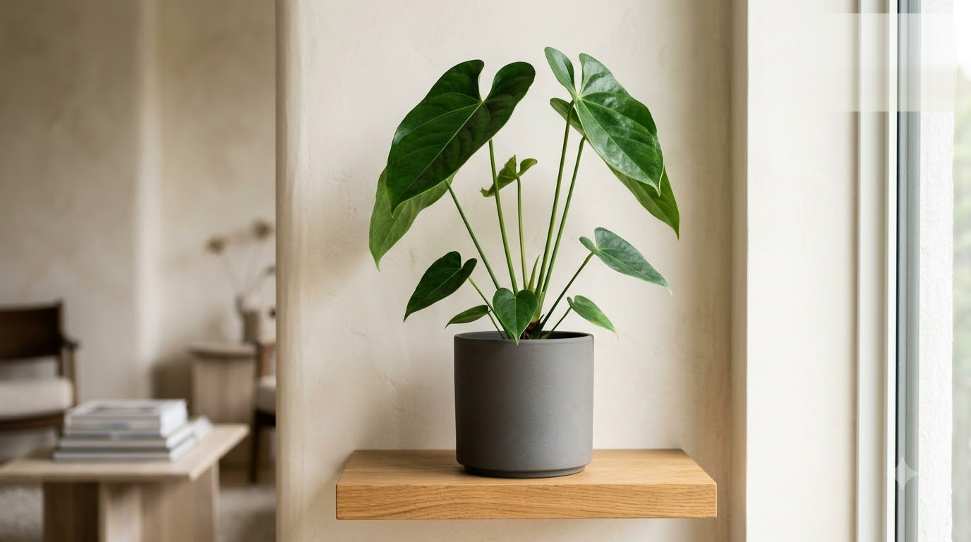 Anthurium abajoense plant in a grey pot on a wooden wall shelf in a bright interior.