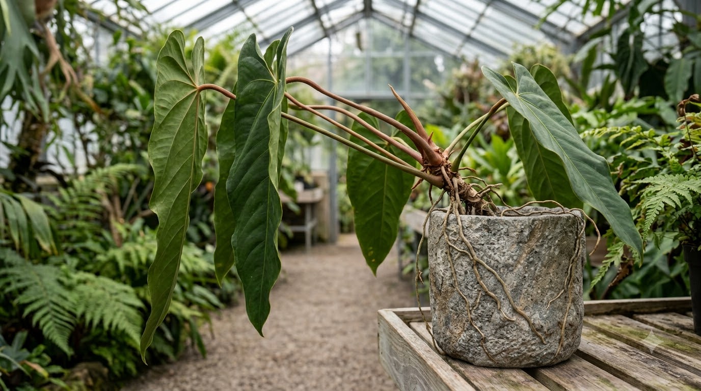 Anthurium abajoense plant in a textured pot with exposed roots inside a greenhouse.