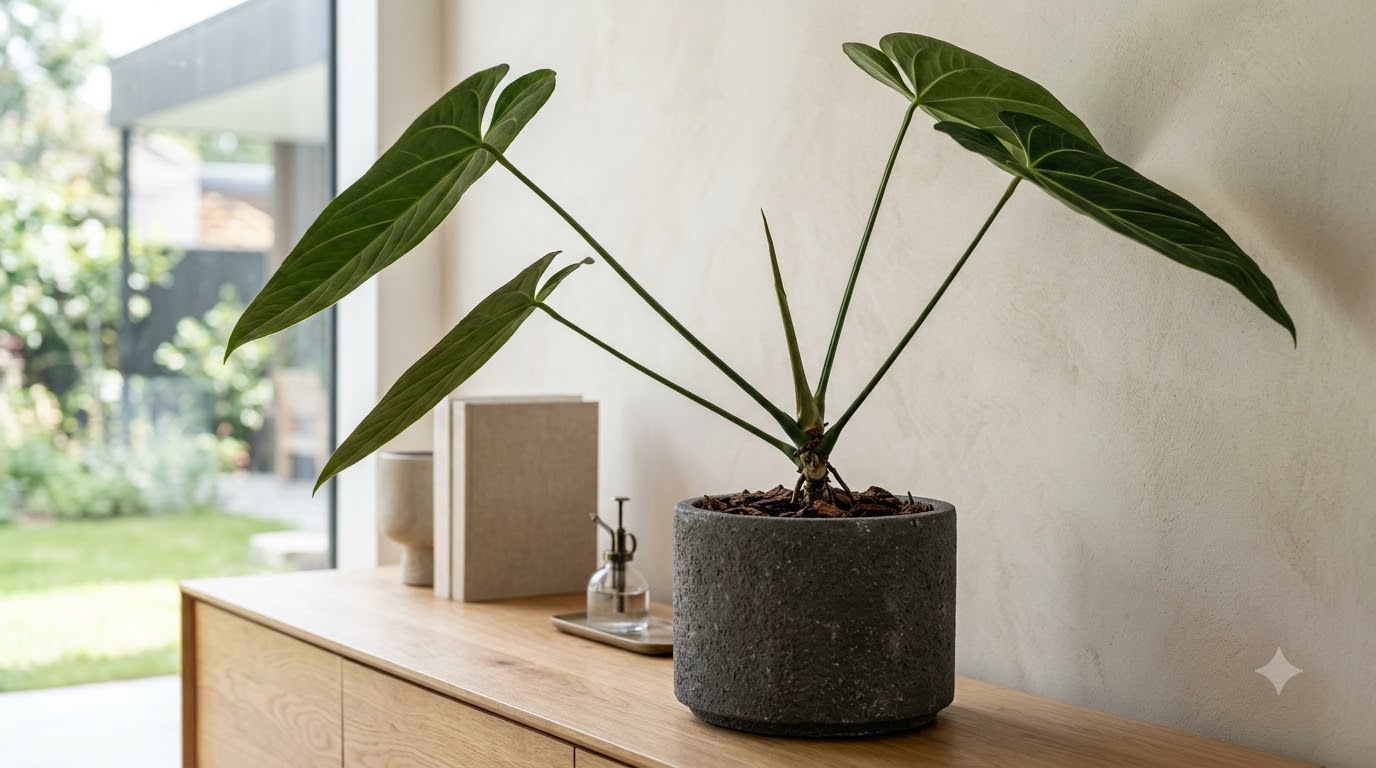 Anthurium abajoense potted in a dark grey planter on a wooden sideboard in a room.
