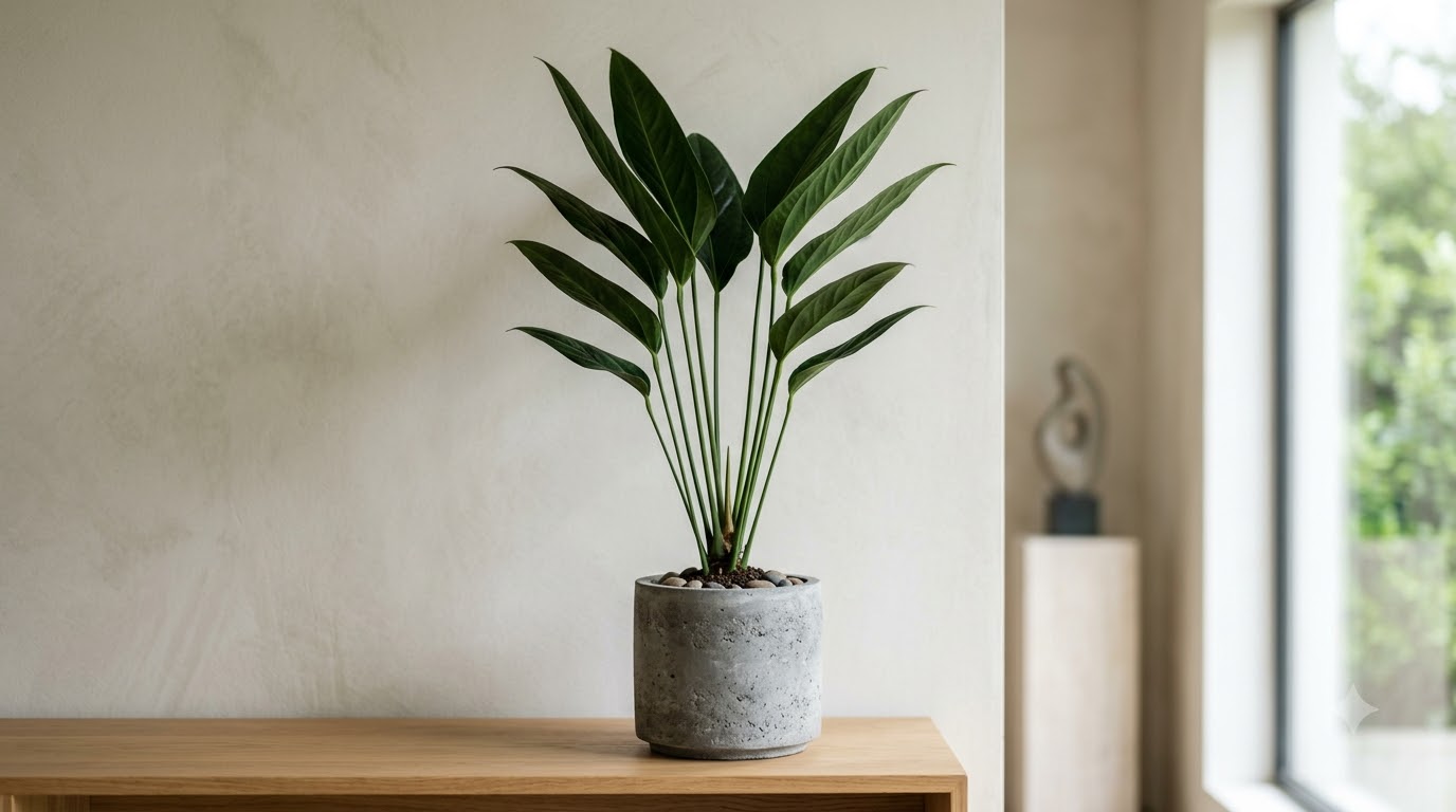Anthurium abajoense plant in a grey concrete pot on a wooden table against a neutral wall.