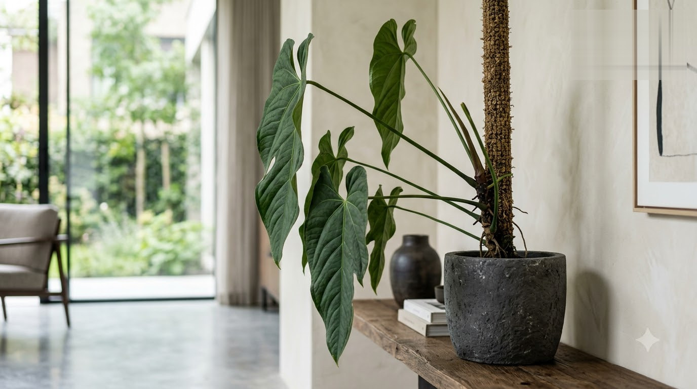 Anthurium abajoense plant in a dark pot on a wooden console table with a moss pole support.