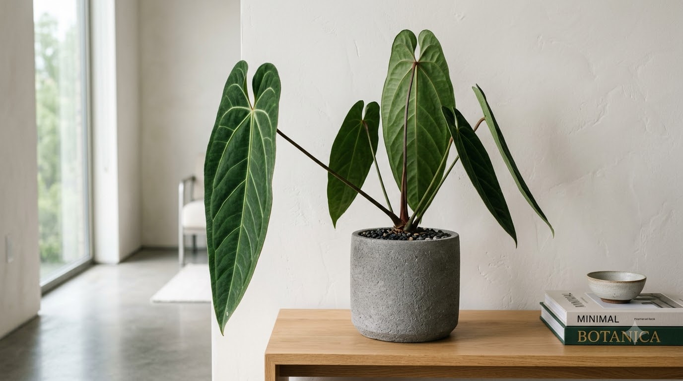 Anthurium abajoense plant in a grey pot on a wooden shelf next to stacked books.