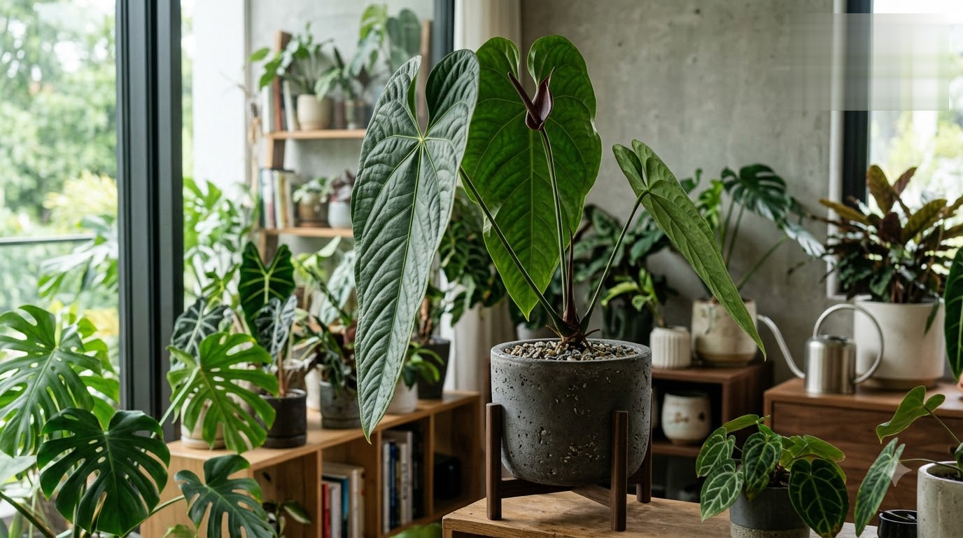 Anthurium abajoense with large velvety leaves in a concrete pot on a wooden stand inside a plant-filled room.