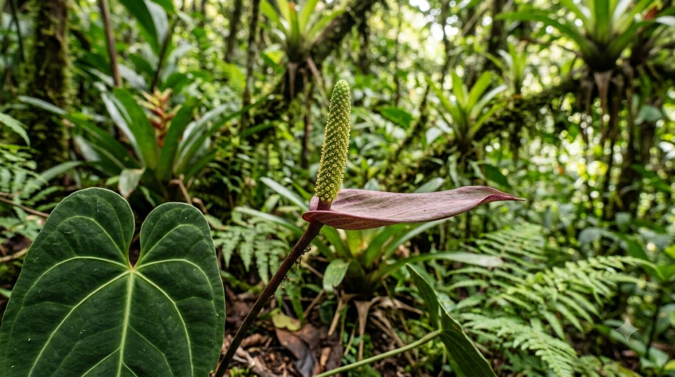 Anthurium abajoense flowering in its natural rainforest habitat with lush green foliage.