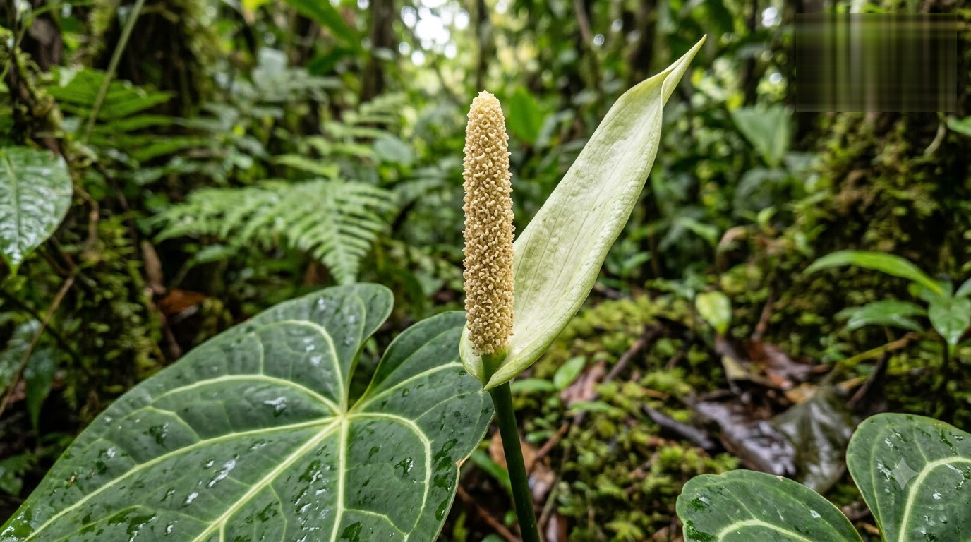 Anthurium abajoense inflorescence with a textured spadix and spathe in a forest habitat.
