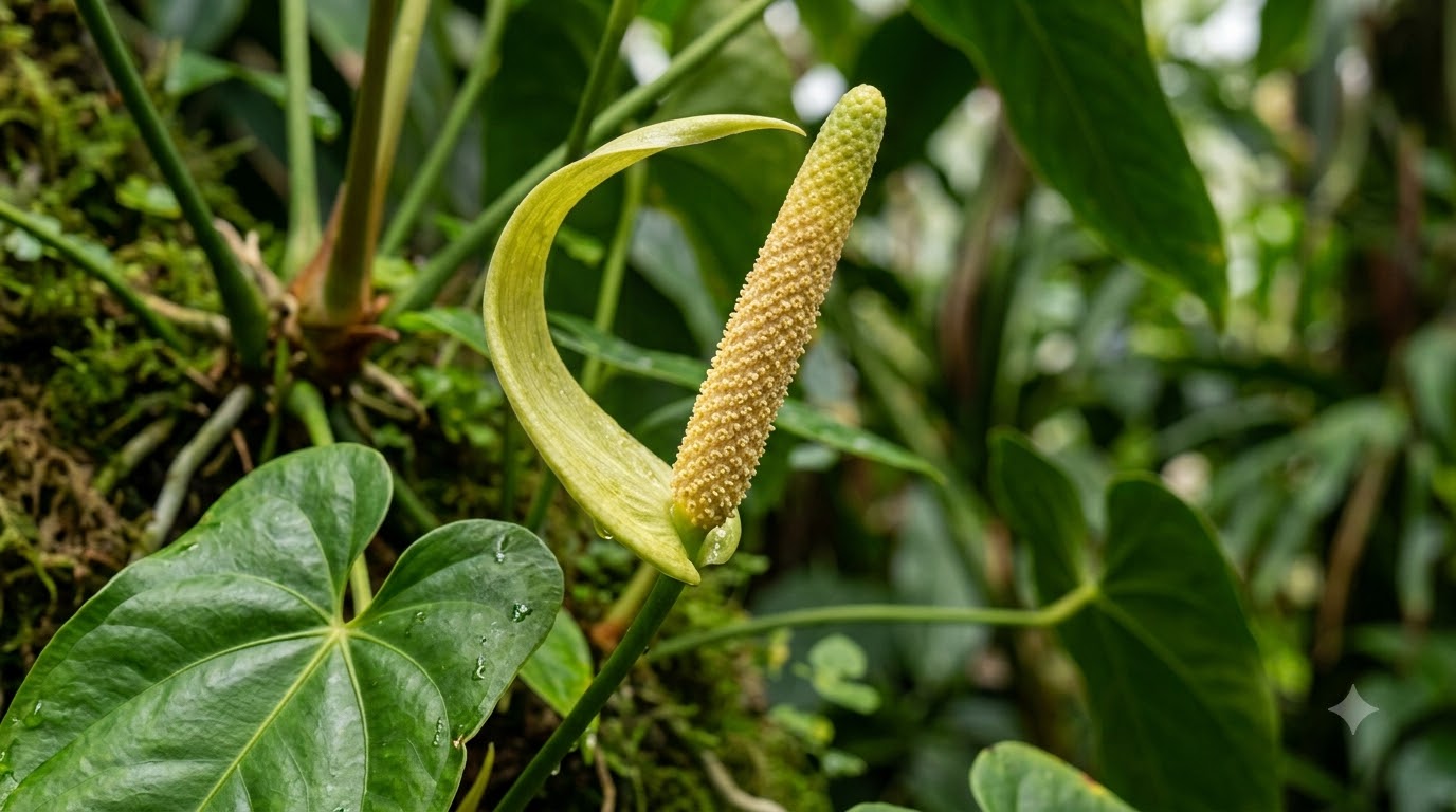 Anthurium abajoense inflorescence featuring a textured spadix and curved spathe among green foliage.