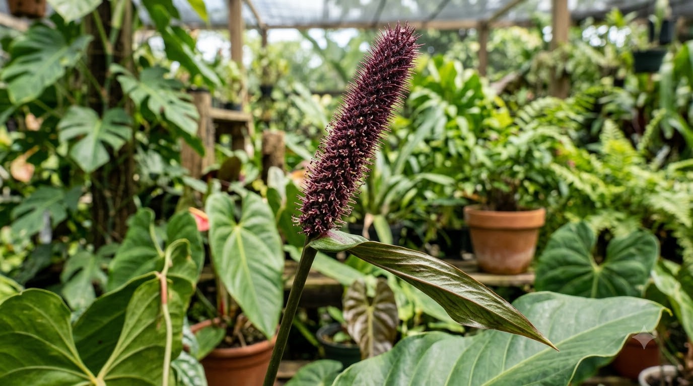 Close-up of a dark, spiky Anthurium acanthospadix inflorescence with a greenhouse background.