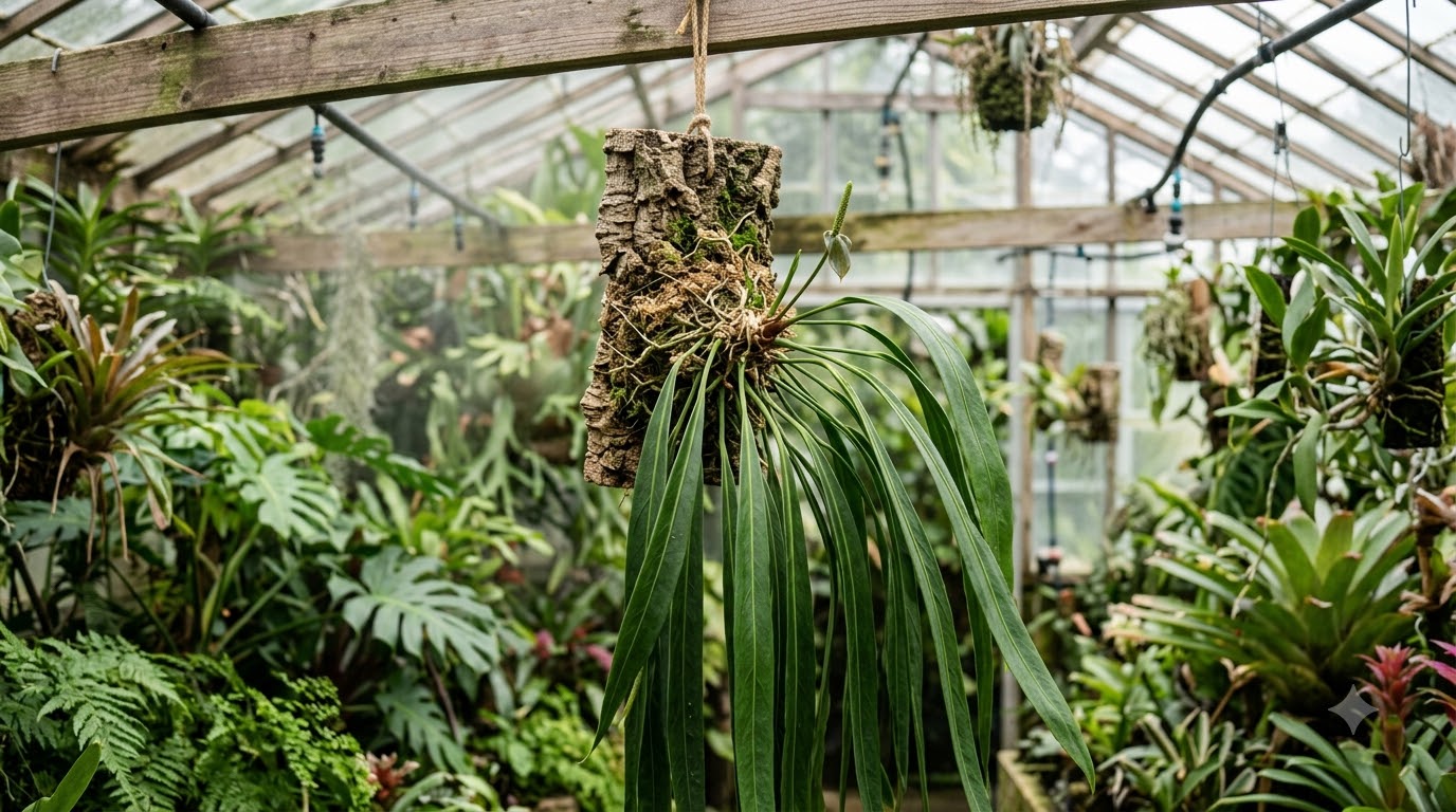 Anthurium acanthospadix mounted on hanging bark in a greenhouse.
