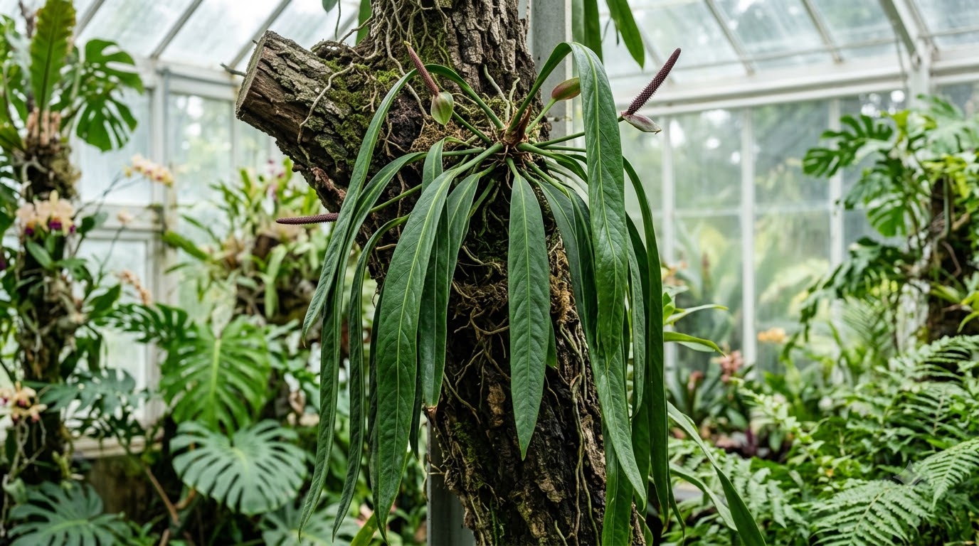 Anthurium acanthospadix plant with long, strap-shaped green leaves growing on a tree trunk in a greenhouse.