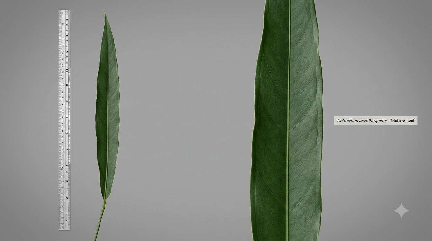 Anthurium acanthospadix mature leaf next to a metal measuring scale.