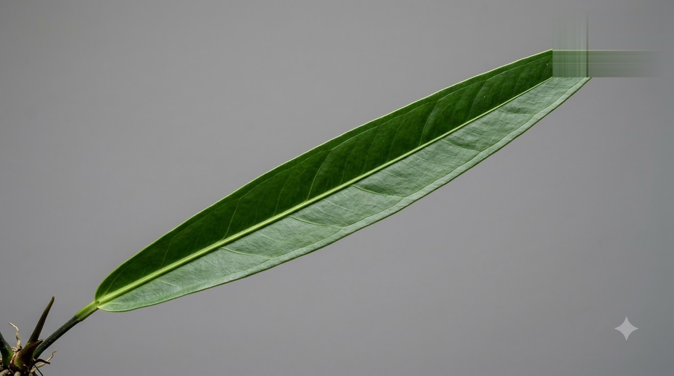 Anthurium acanthospadix long, narrow green leaf against a neutral gray background.