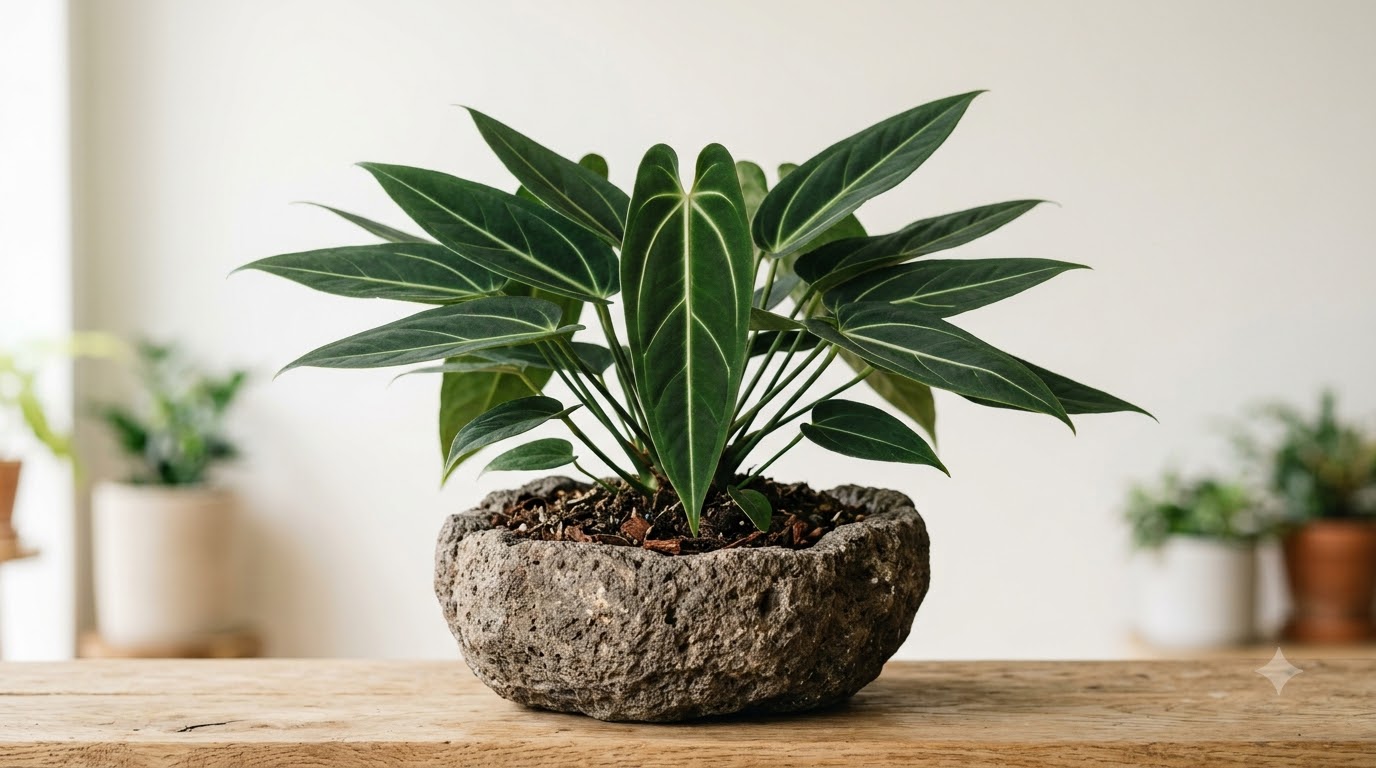Anthurium achupallense with dark, velvety leaves and prominent pale veins in a textured stone planter on a wooden surface.