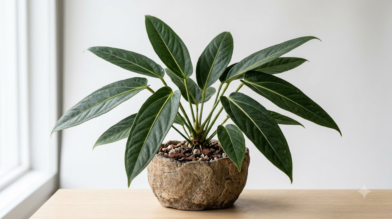 Anthurium achupallense plant with long dark green leaves in a rustic textured pot on a wooden surface.
