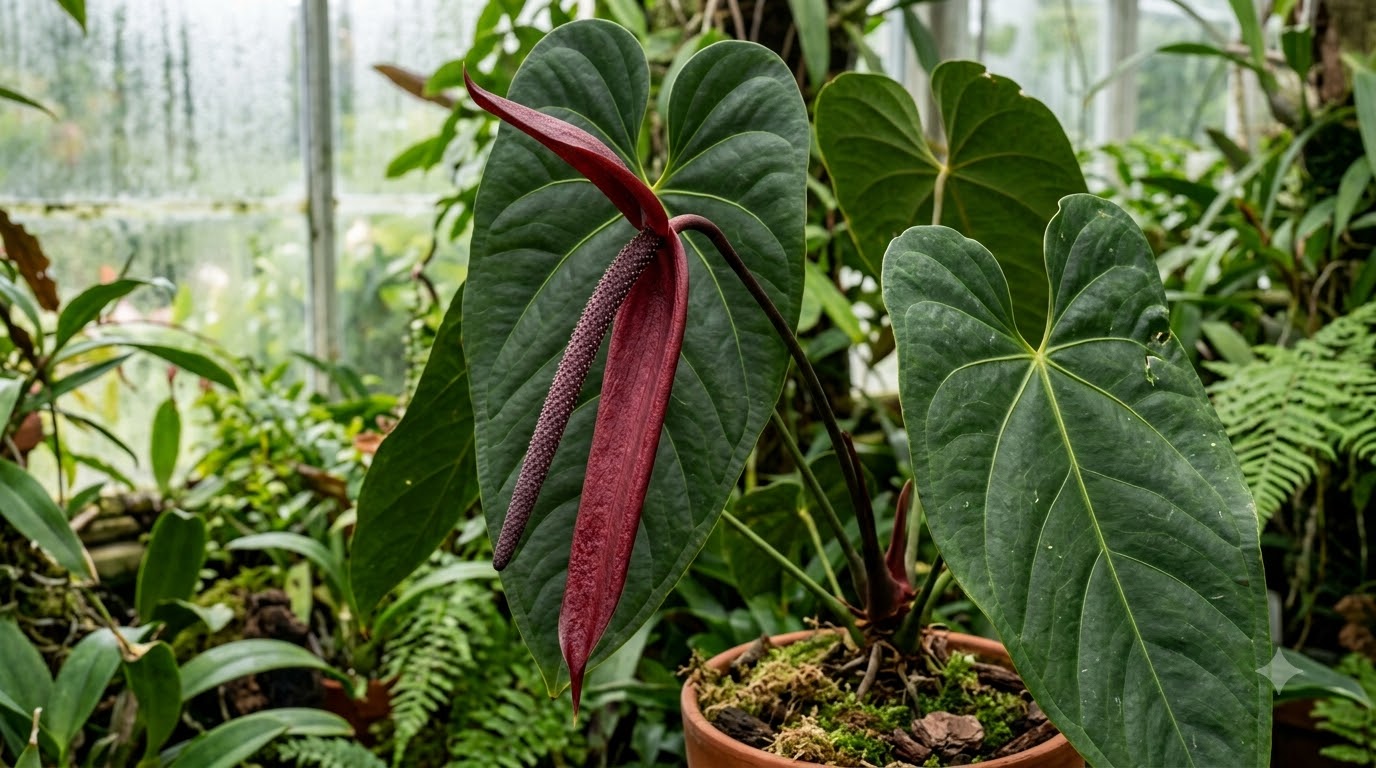 Anthurium achupallense plant with large green leaves and a dark red inflorescence in a pot.