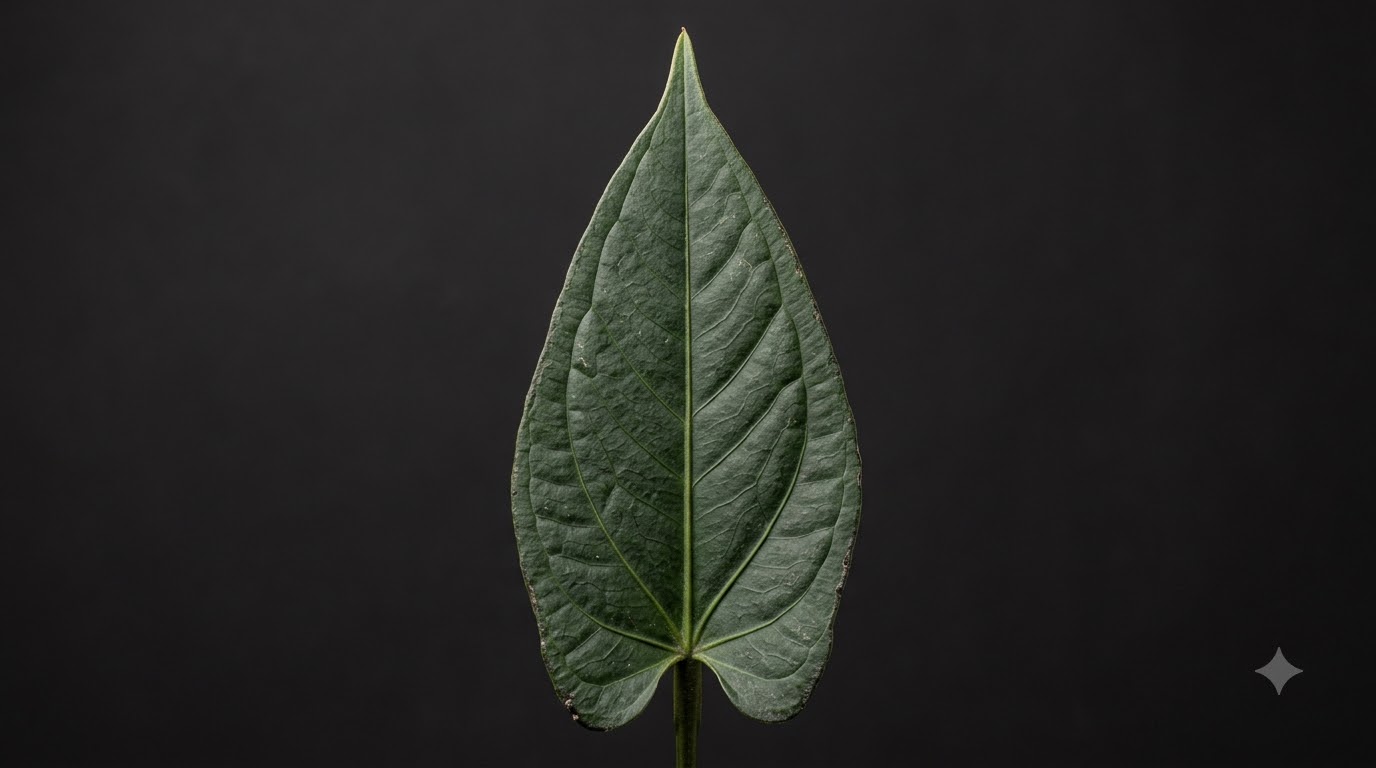 Close-up of a green Anthurium achupallense leaf with prominent veins against a dark background.