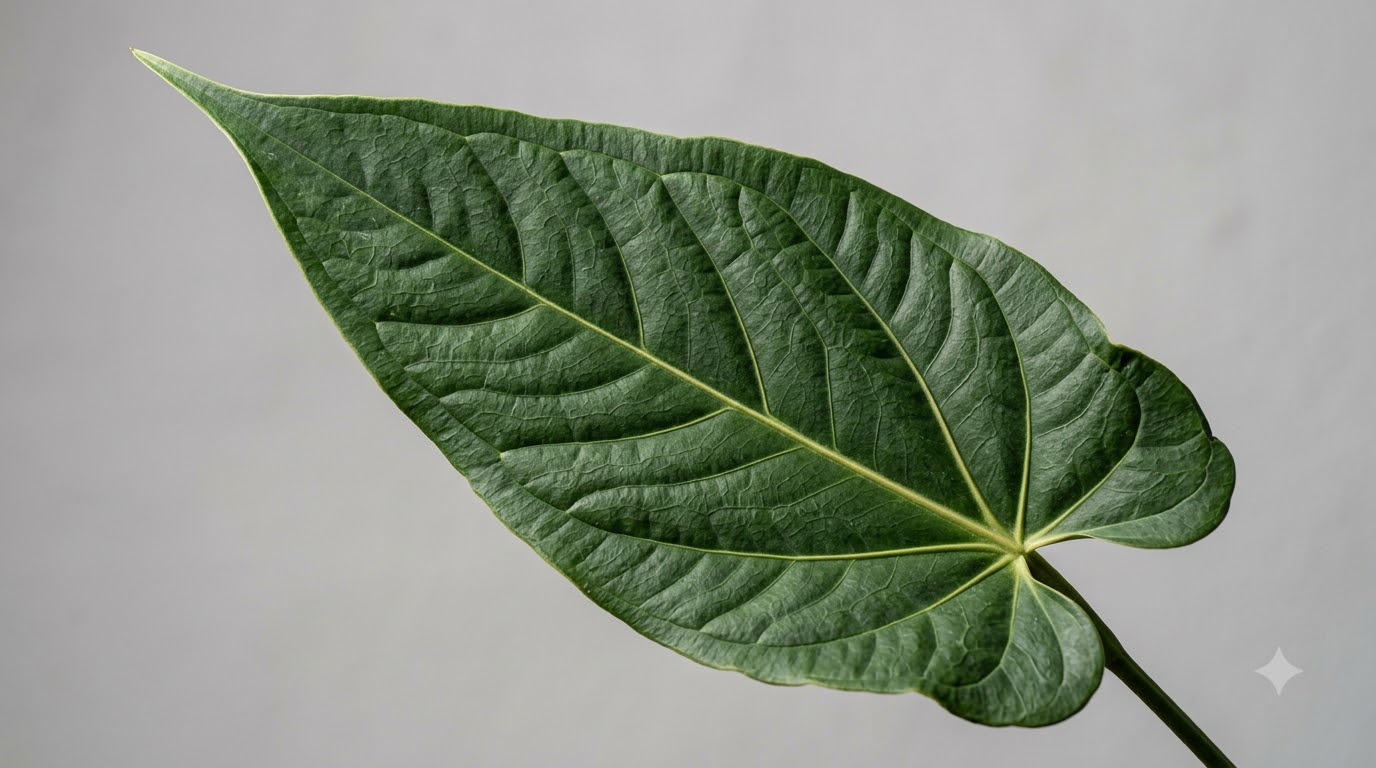 Detailed close-up of a green Anthurium achupallense leaf with prominent veins against a neutral background.