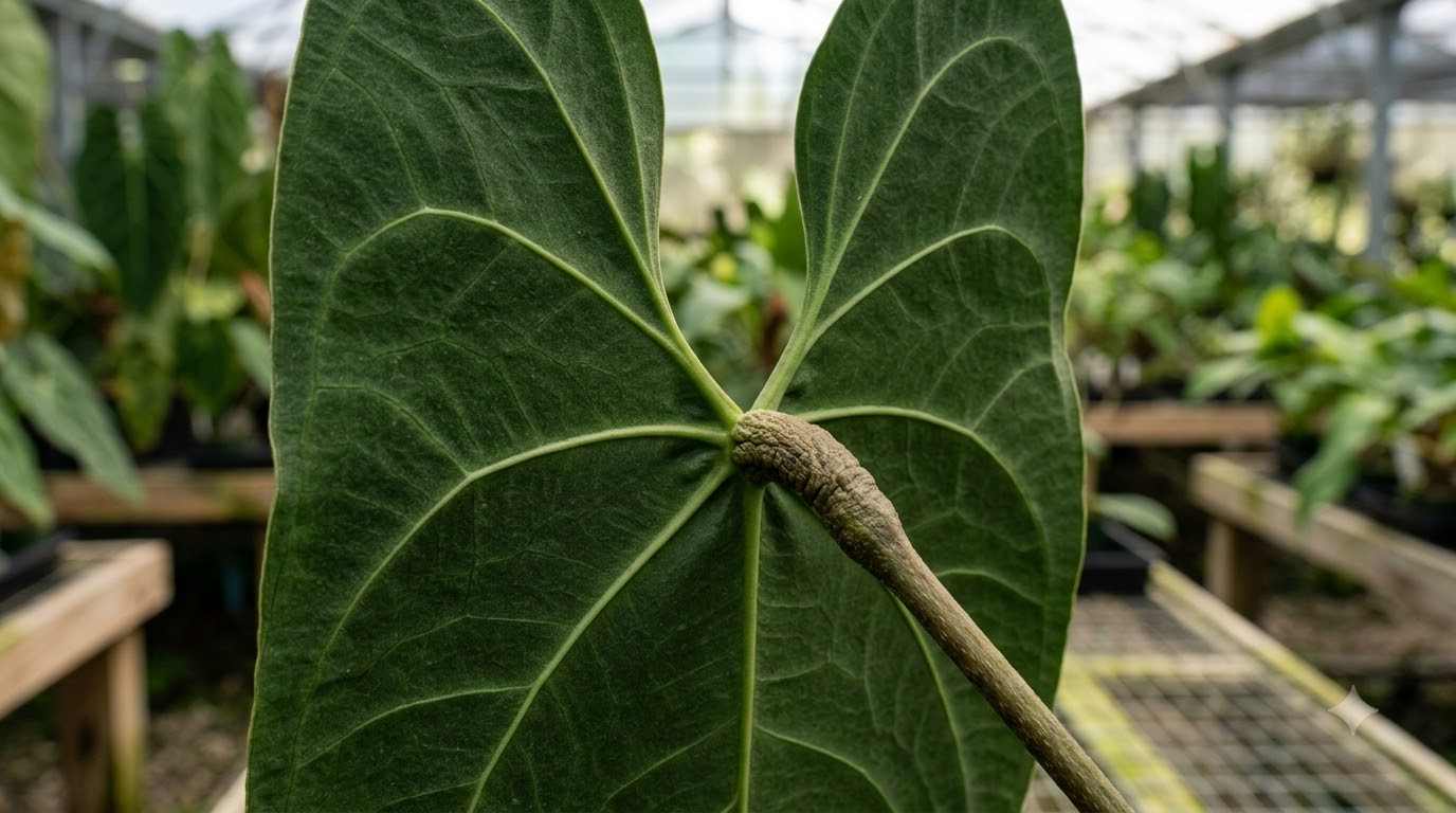 Close-up of the underside of a large, dark green Anthurium achupallense leaf with prominent veins and textured petiole.
