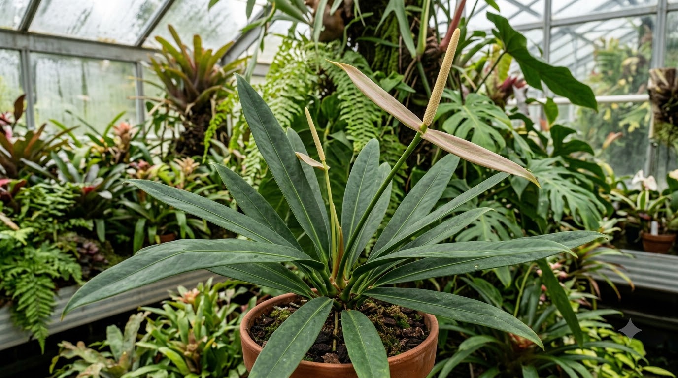 Anthurium achupallense plant in a pot with long green leaves and two spathes in a greenhouse.