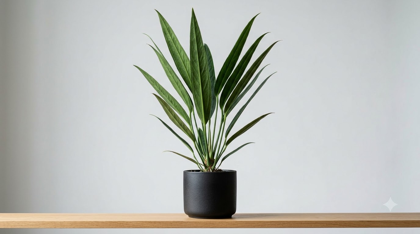 Anthurium acutangulum in a black pot on a wooden shelf against a light background.