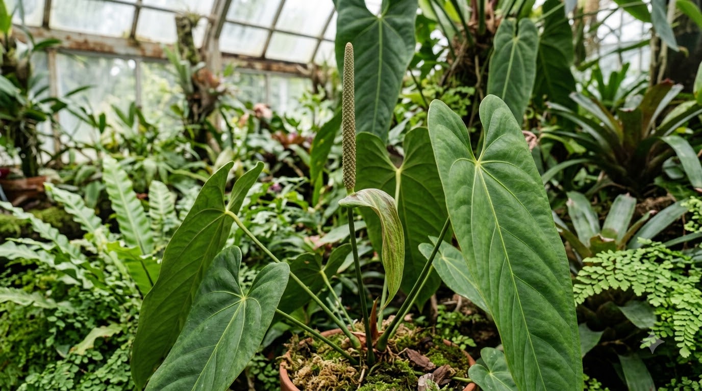 Anthurium acutangulum plant with large green leaves and an upright inflorescence in a greenhouse.