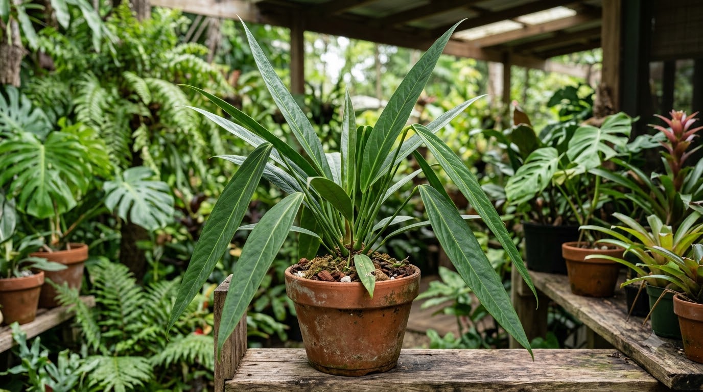 Anthurium acutangulum potted in a terracotta pot on a wooden shelf in a greenhouse.
