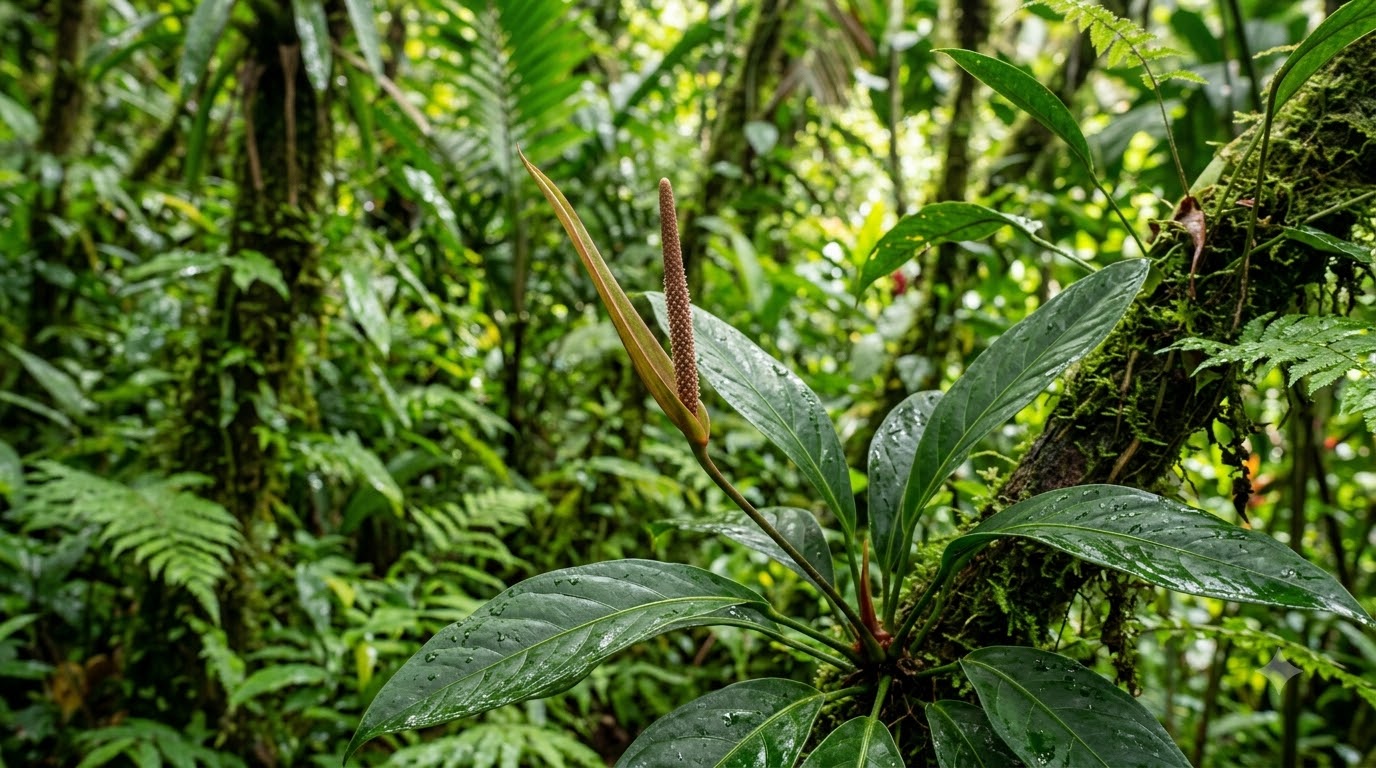 Anthurium acutangulum inflorescence growing on a mossy tree trunk in a lush rainforest.