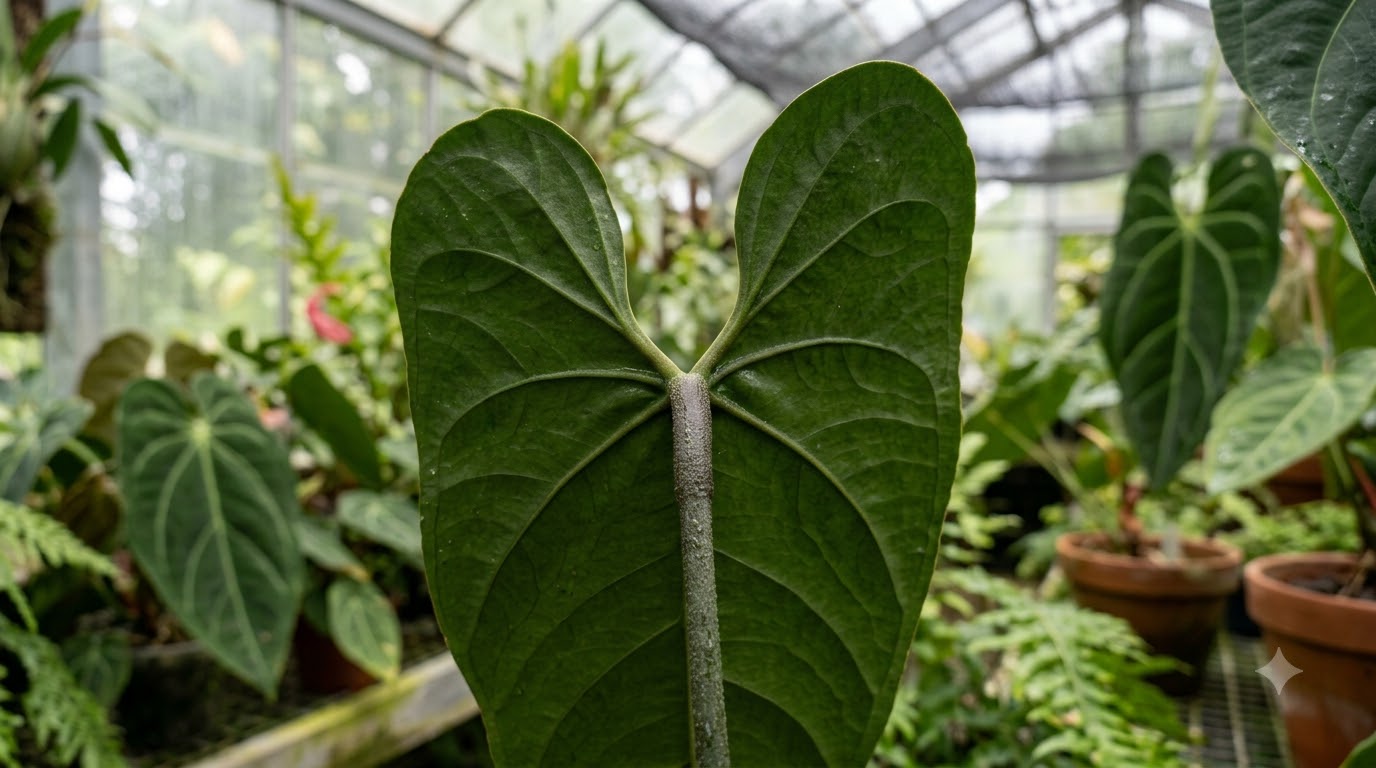 Anthurium acutangulum leaf showing detailed veining in a greenhouse.
