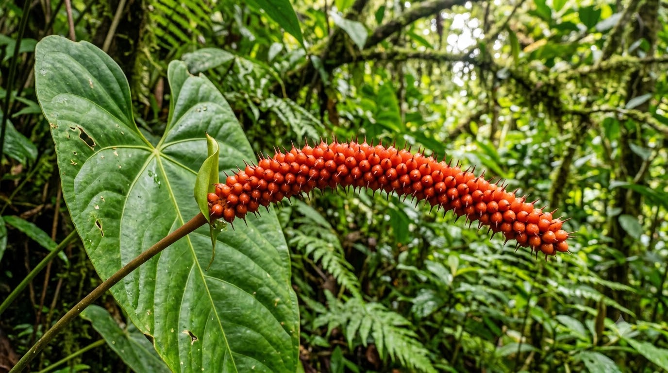 Anthurium acutibacca showing a curved, bright red infructescence covered in small spiky protrusions against a lush jungle