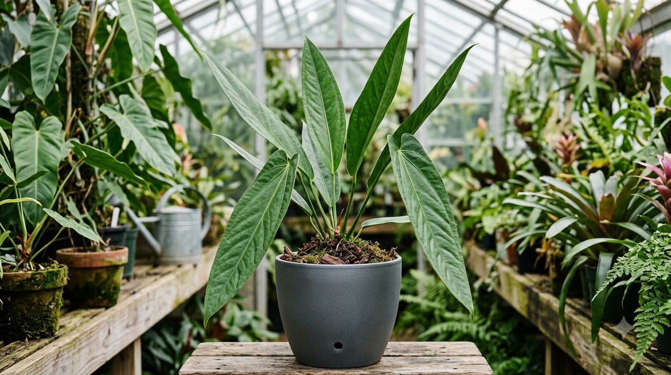 Anthurium acutibacca in a grey pot inside a greenhouse.