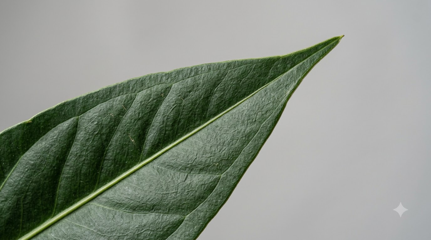 Close-up of an Anthurium acutibacca leaf tip showing veins and texture against a light background.