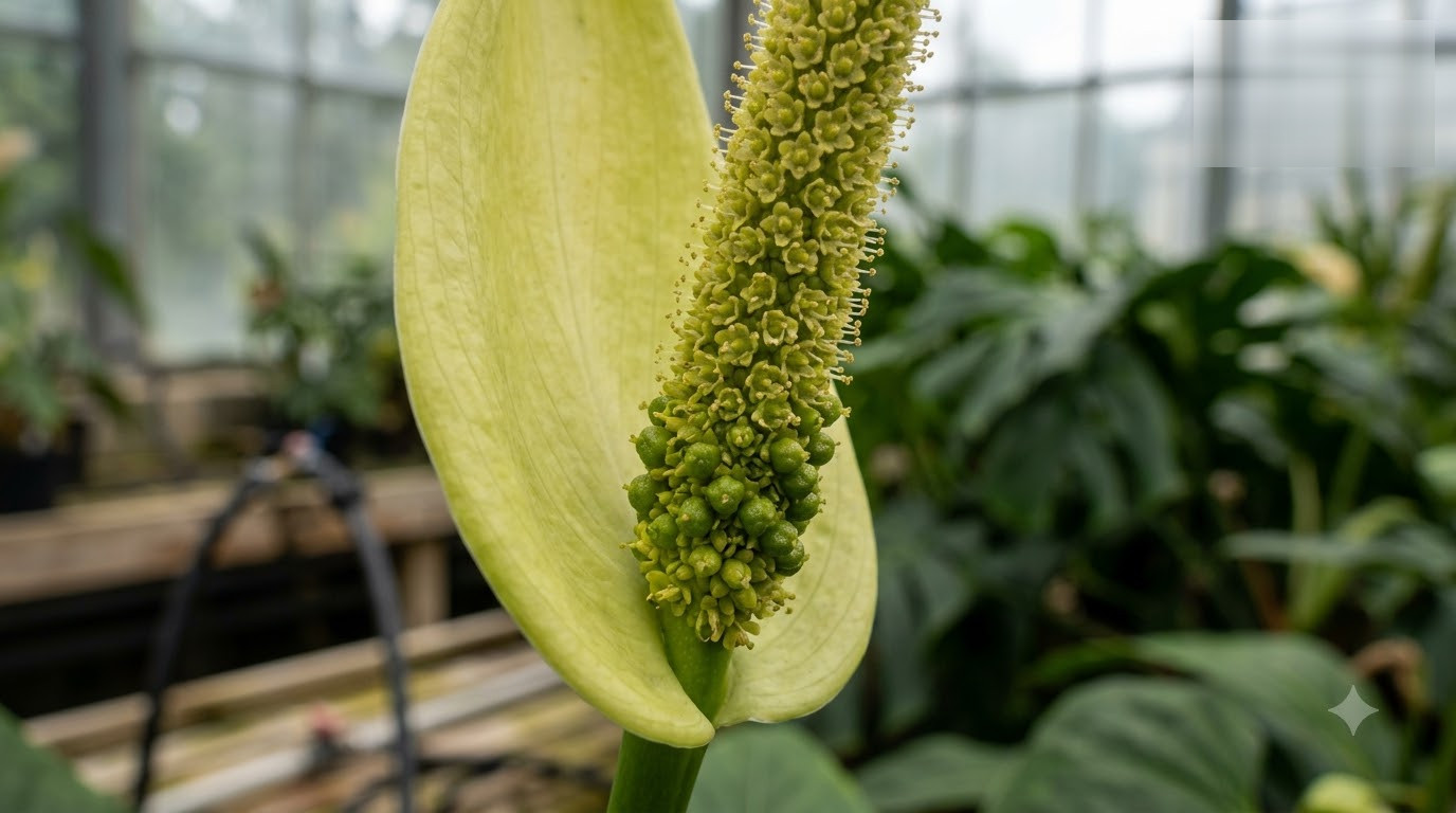 Anthurium acutibacca inflorescence with a pale spathe and a textured spadix in a greenhouse.