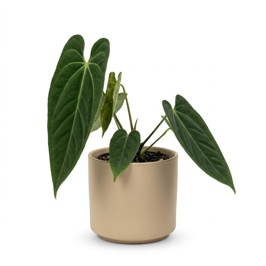 Anthurium acutibacca in a cylindrical pot against a white background