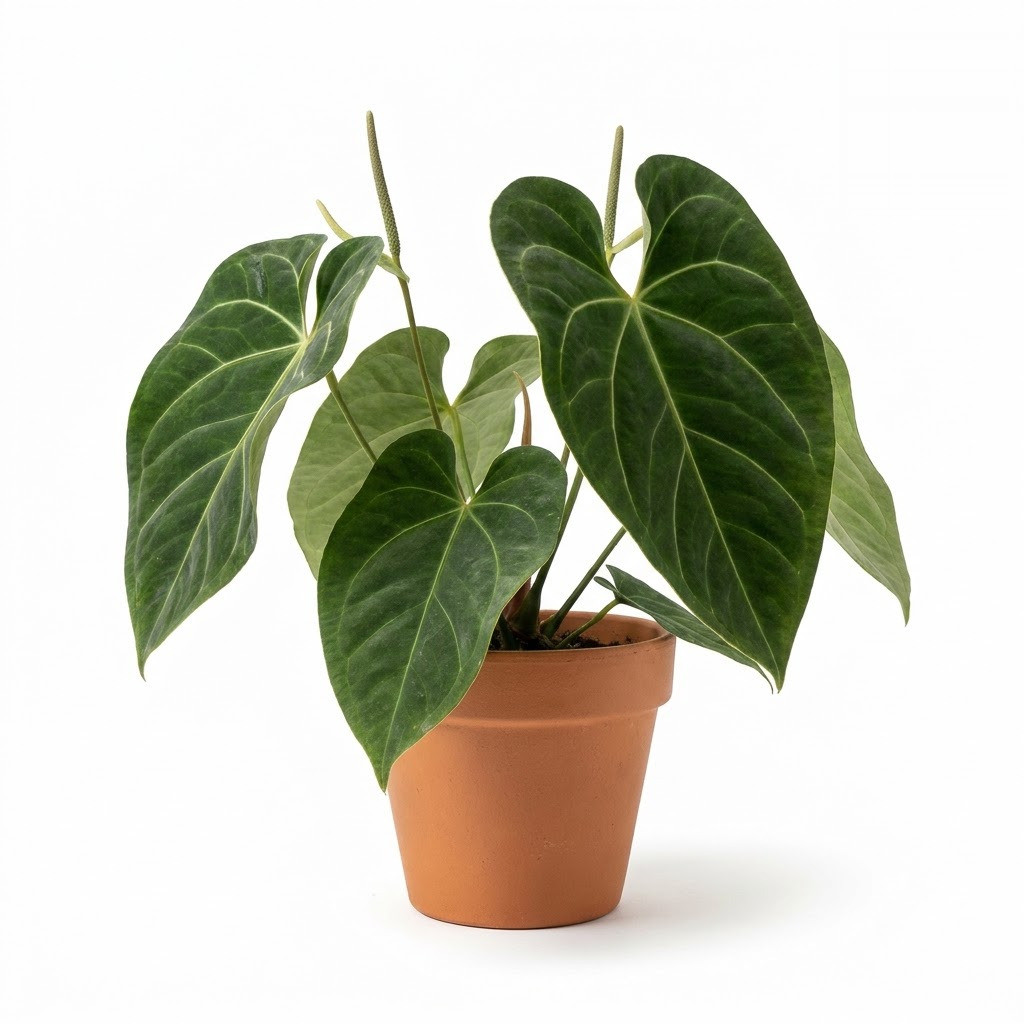 Potted Anthurium affine with large green velvety leaves and inflorescences in a terracotta pot.