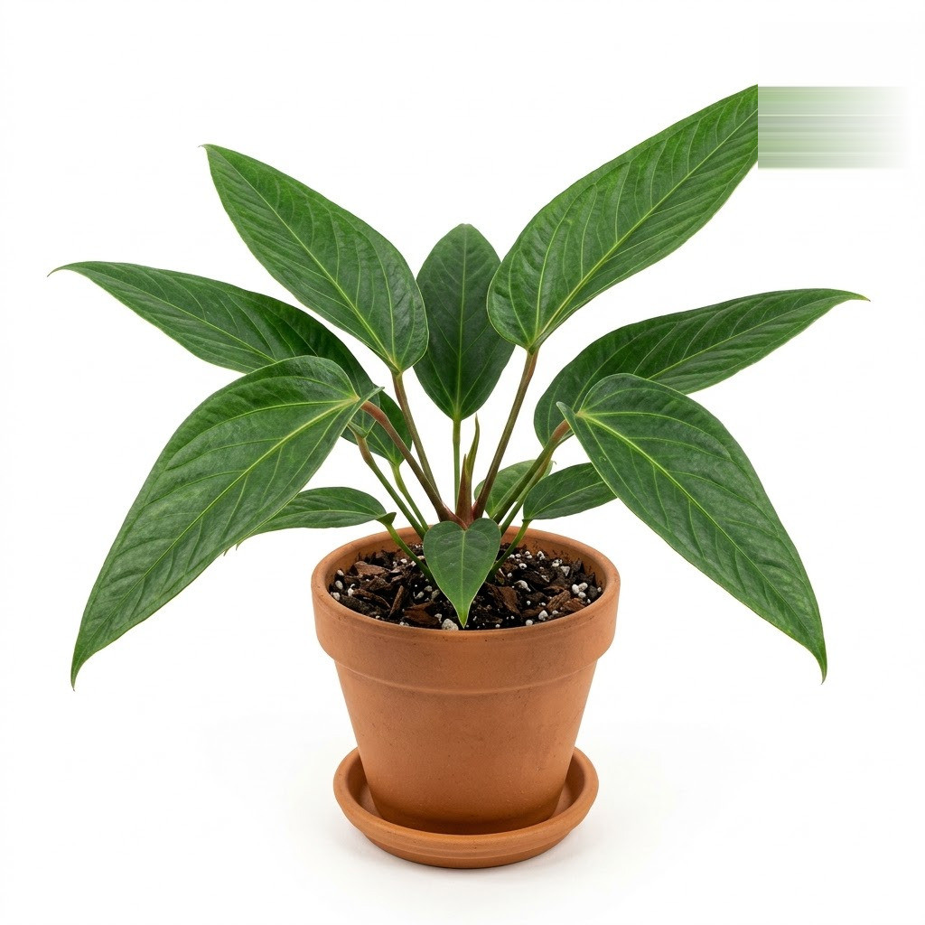 Anthurium affine potted in a terracotta pot against a white background.