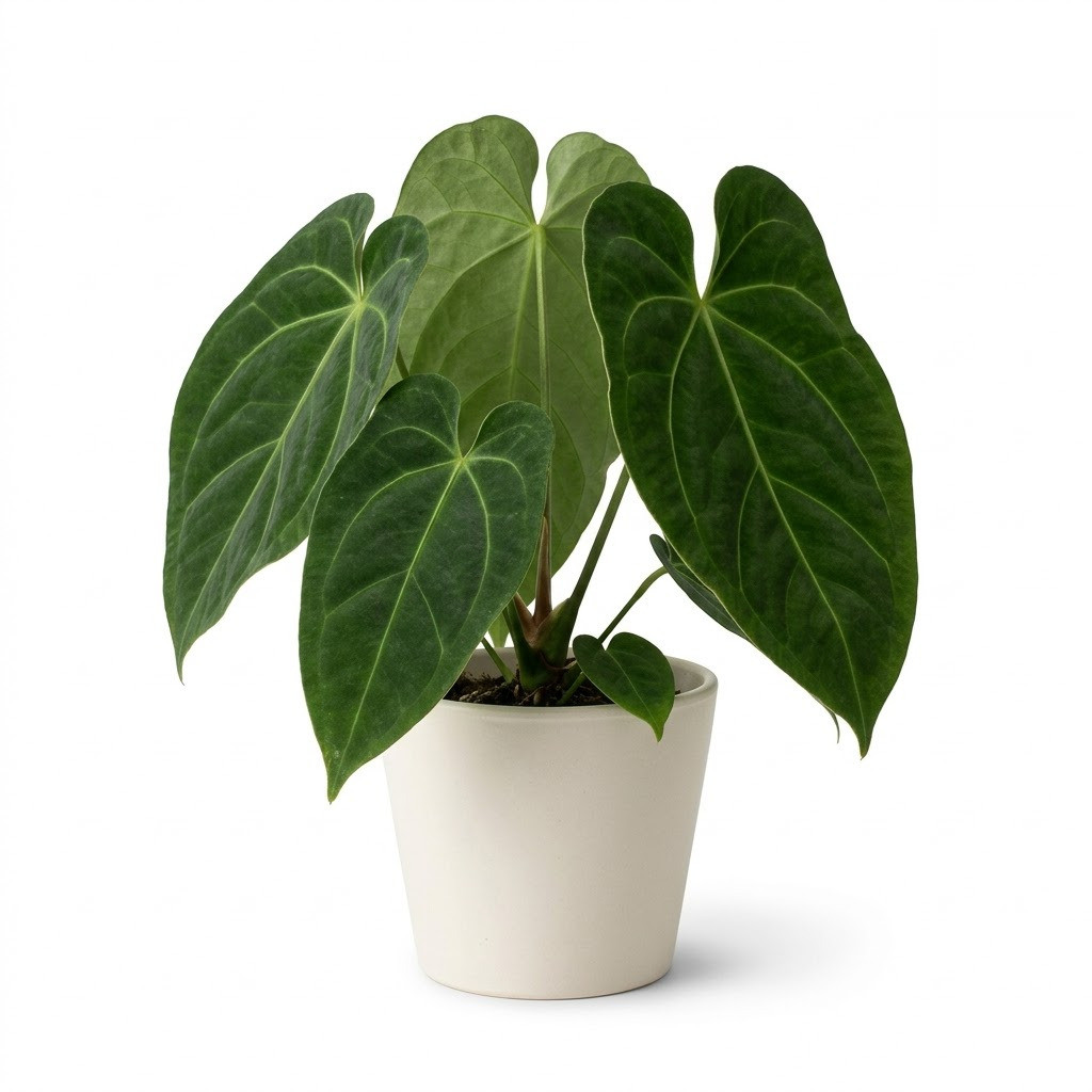 Potted Anthurium alatum houseplant with large, dark green velvety leaves in a white ceramic pot.