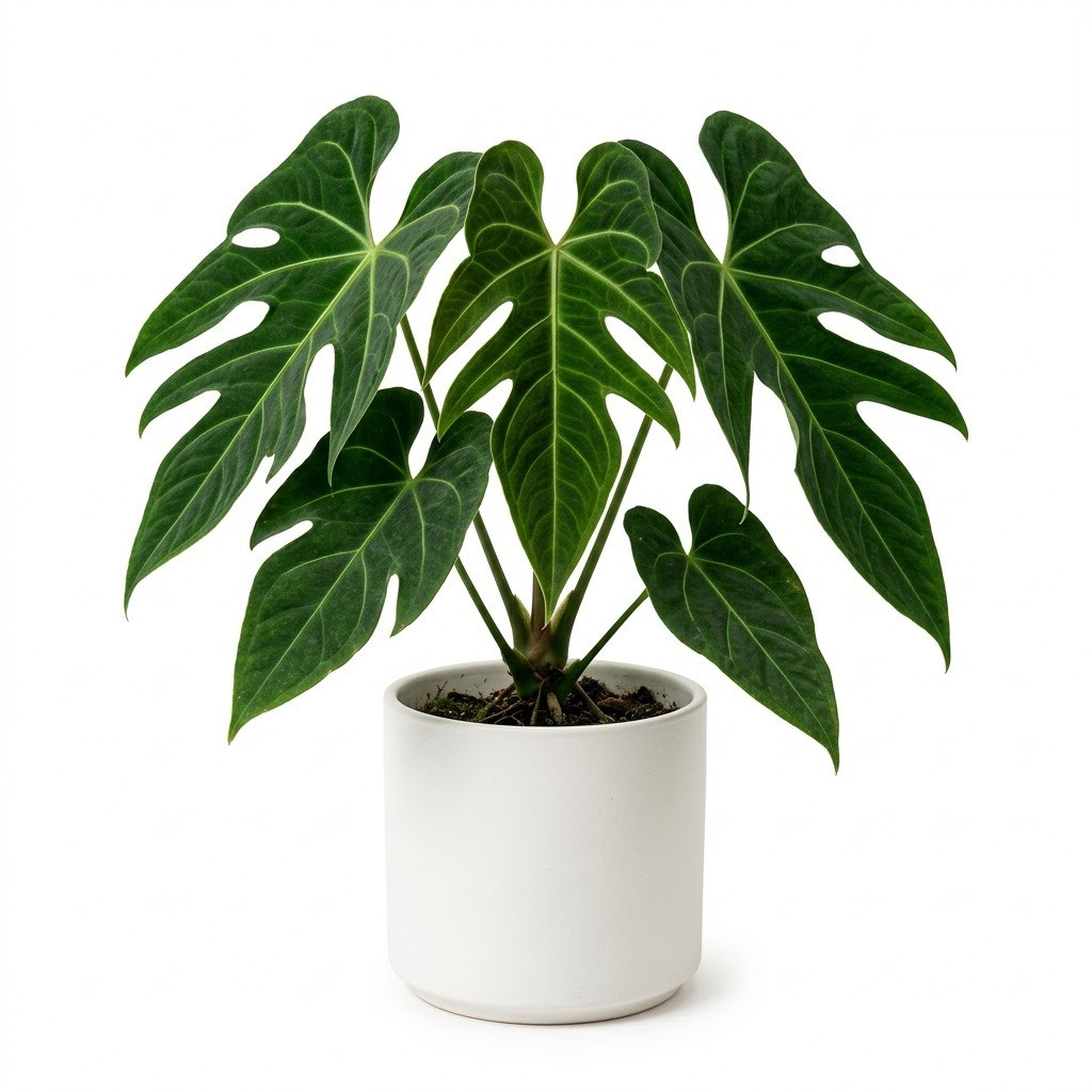 Anthurium alatum in a white pot against a white background