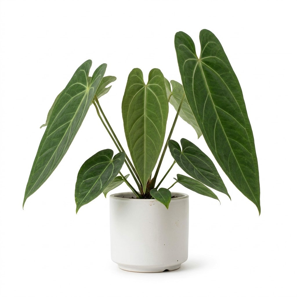 Anthurium albidum with elongated green leaves in a white ceramic pot against a white background.