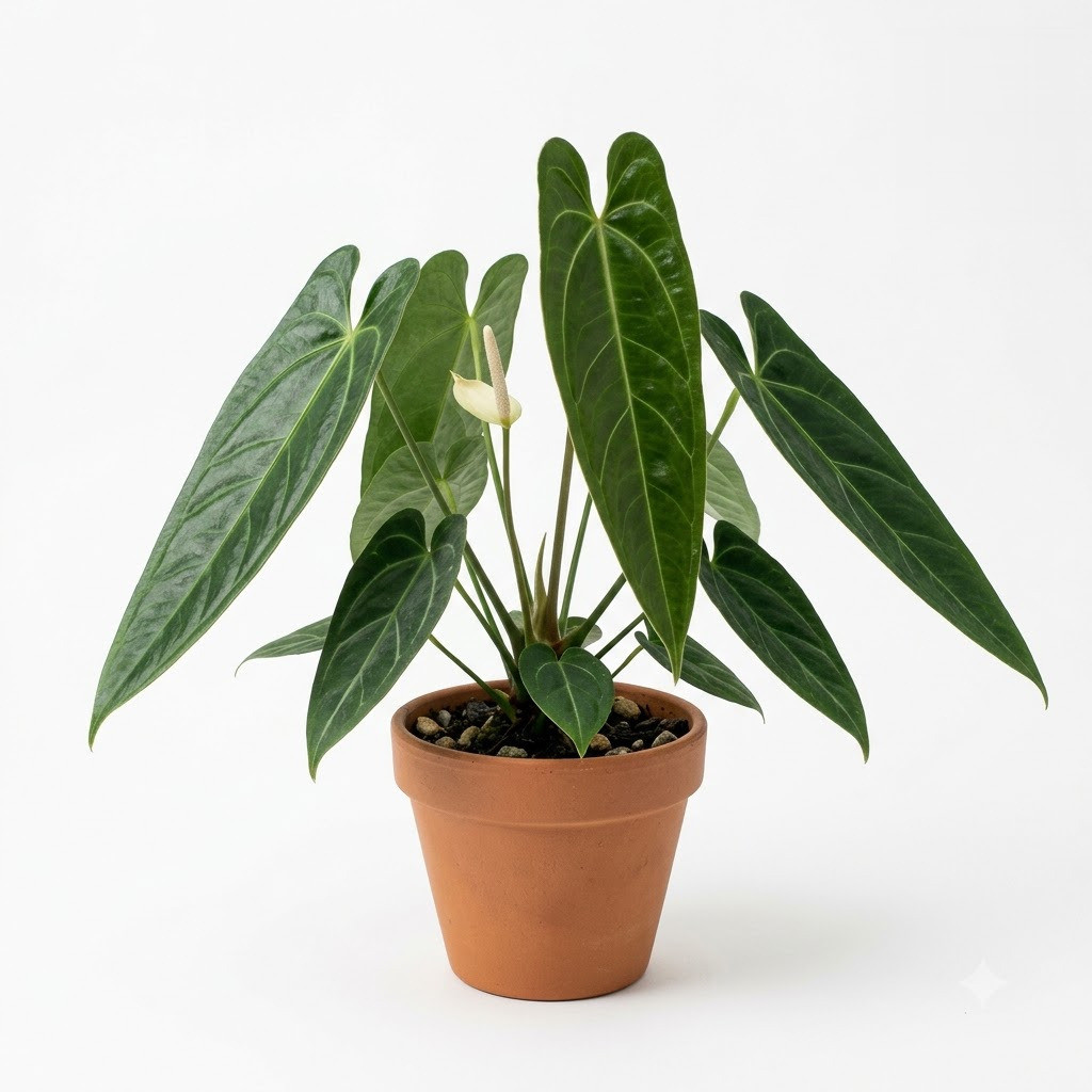 Anthurium albispadix with elongated dark green leaves in a terracotta pot against a white background.
