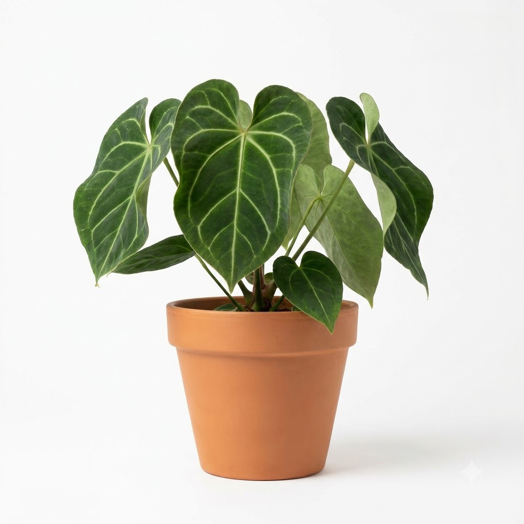 Anthurium alcatrazense plant in a terracotta pot against a white background.