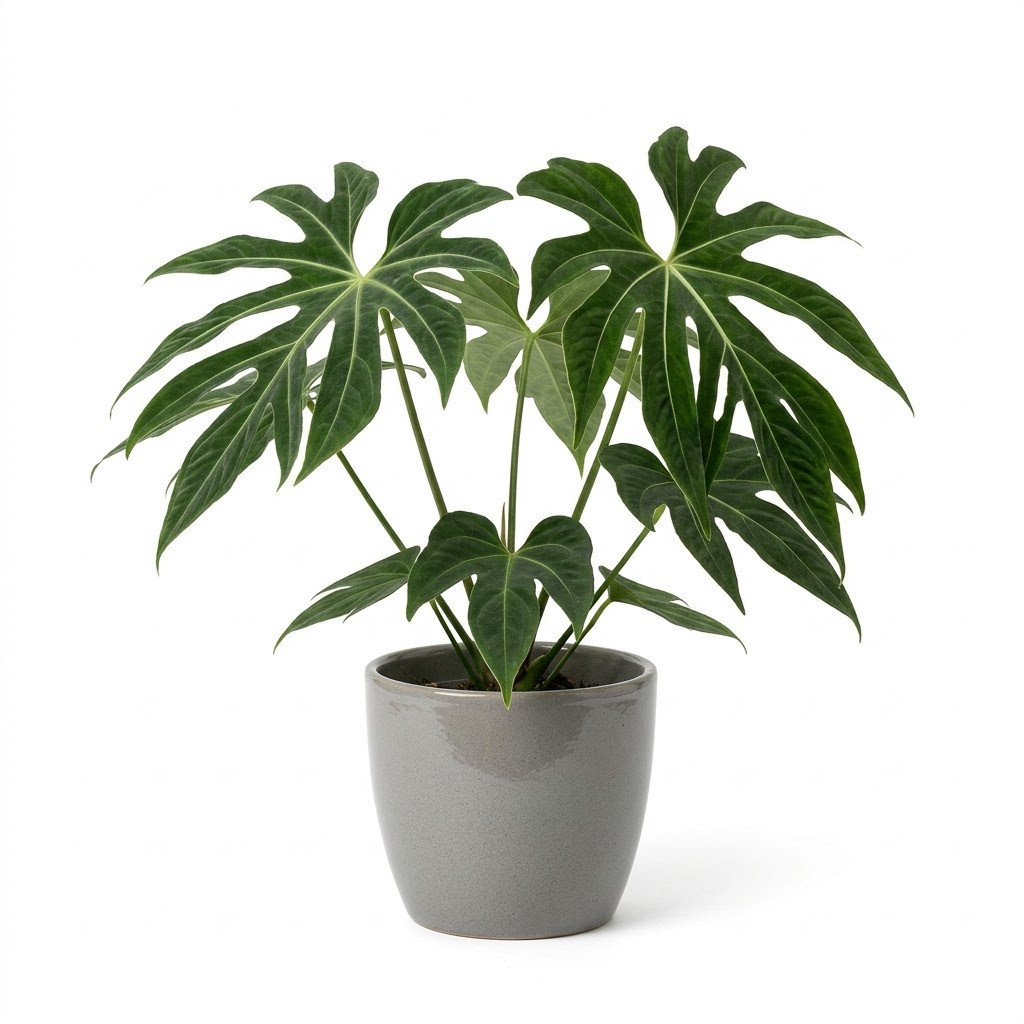Anthurium alluriquinense with deeply lobed green leaves in a grey ceramic pot.