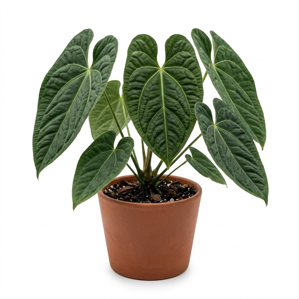 Anthurium alstonii with large, textured green leaves in a terracotta pot against a white background.