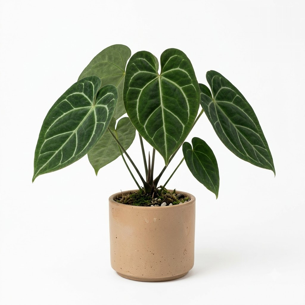 Anthurium ameliae in a cylindrical pot featuring dark heart-shaped leaves with prominent pale veins against a white