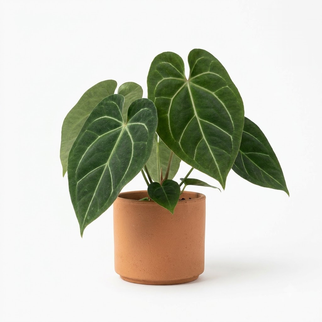 Anthurium clewellii in a terracotta pot against a white background.