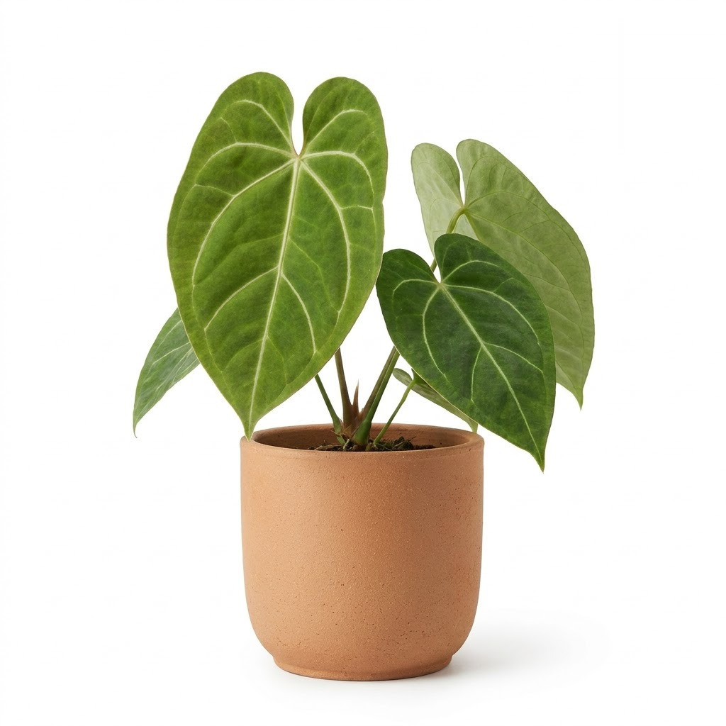 Anthurium colonchense in a terracotta pot against a white background.