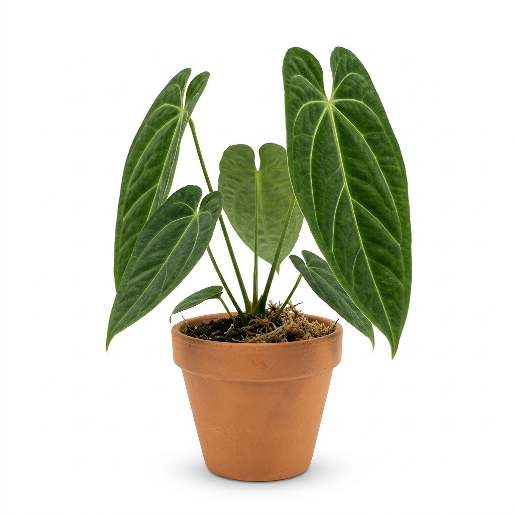 Anthurium andicola potted in a terracotta pot against a white background.