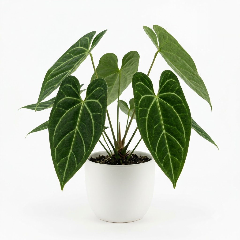 Anthurium andicola with dark velvety leaves and pale veins in a white pot on a white background.